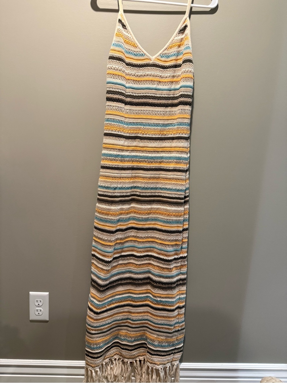 SO Striped Crochet Maxi Dress in Cream, Yellow, Blue and Brown